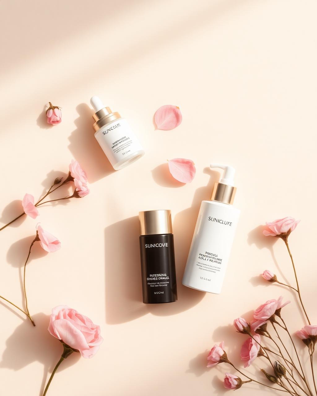 Skincare products styled on a cream backdrop